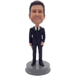 groomsmen in suit and tie with hand in pocket bobble head gift